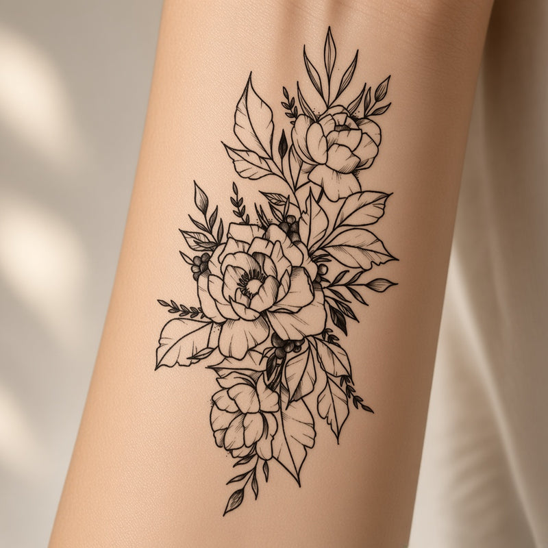 Outline peony flowers temporary tattoo worn on the forearm