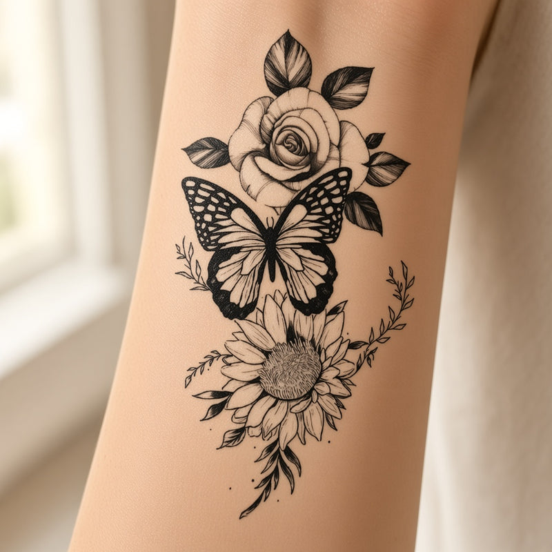 Butterfly with rose and sunflower temporary tattoo worn on the forearm