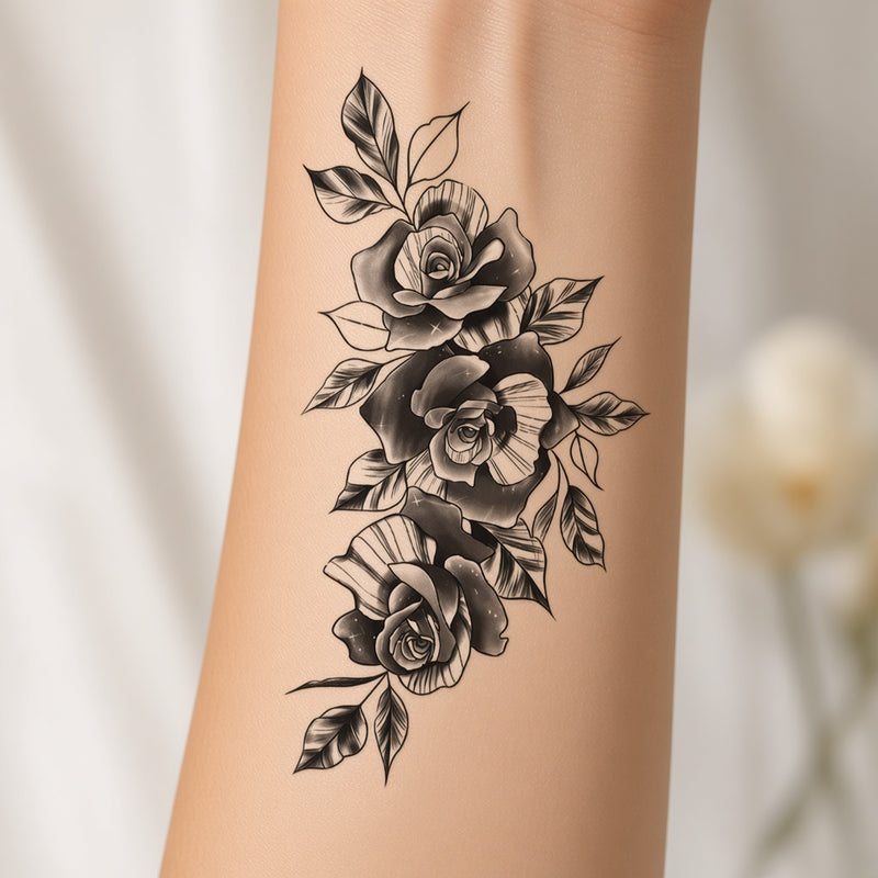 Cinder Veil Rose & Flower & Floral temporary tattoo worn on the inner forearm