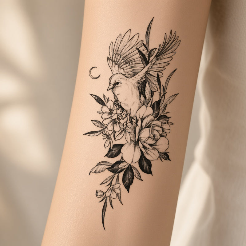 Bird above fine-line flowers with moon temporary tattoo worn on the forearm