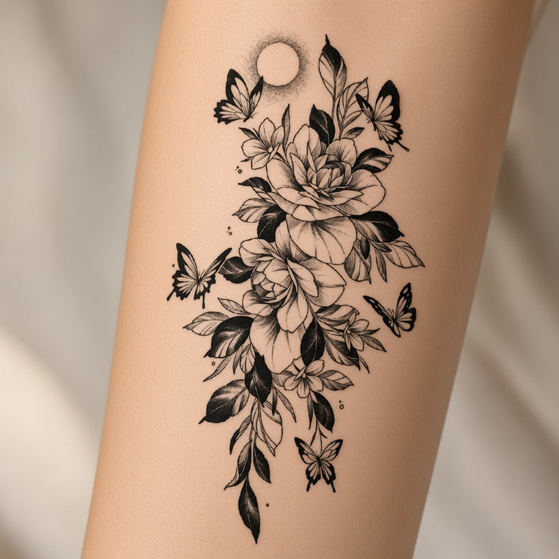 Flowers with butterflies and full moon temporary tattoo worn on the forearm