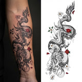 Black dragon with small red flowers temporary tattoo on a forearm, with the design sheet