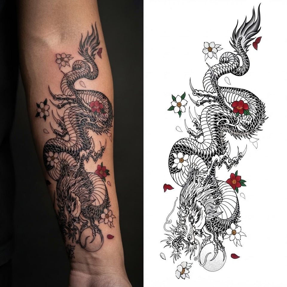 Black dragon with small red flowers temporary tattoo on a forearm, with the design sheet