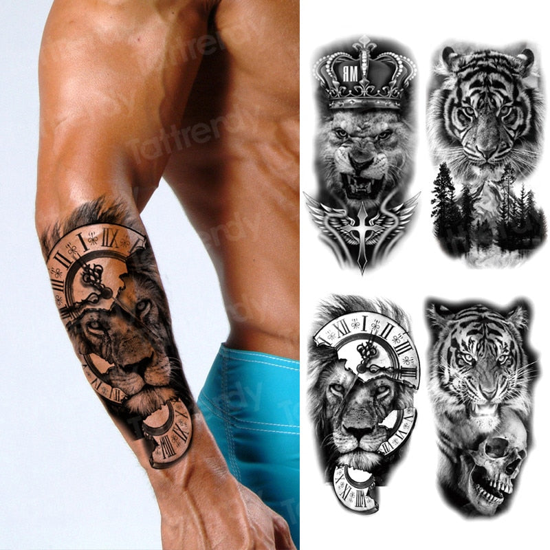 COKTAK 64 Sheets Large Black Arm Temporary Tattoos For Men Forearm Women  Thigh, Half Sleeve Animals Lion Tiger Wolf Temp Tattoo Stickers Adults,  Death Skull Compass Flower Fake Tattoos That Look Real -