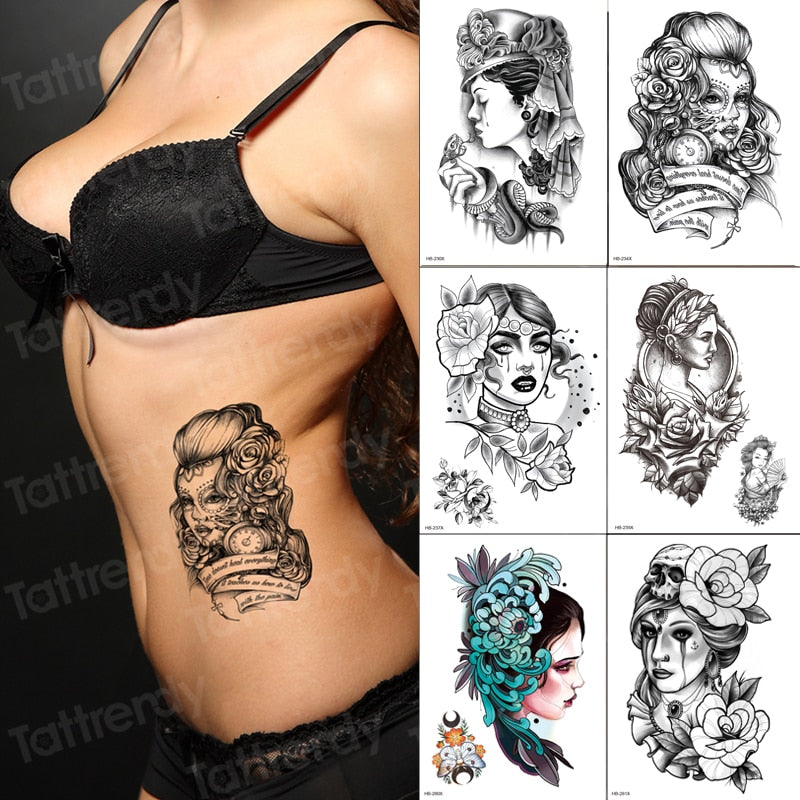 tattoo body stickers 6pcs/lot tatoo sleeve men black sketches tattoo designs water transfer big girl face gothic tattoo rose FAKE TATTOOS