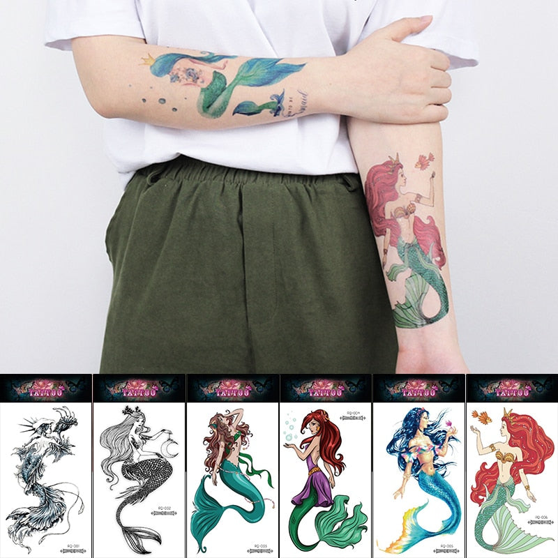 sleeve mermaid temporary tattoo arm wrist cartoon princess tattoo for children girls glitter glue tattoo fish ocean watercolor FAKE TATTOOS