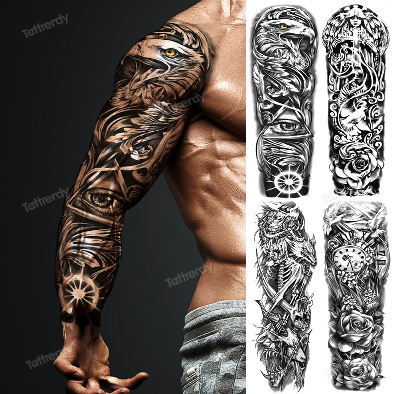 big body tatto skull sleeve tattoo designs for men full arm temporary tattoos large owl tiger lion king forest tattoos animals FAKE TATTOOS